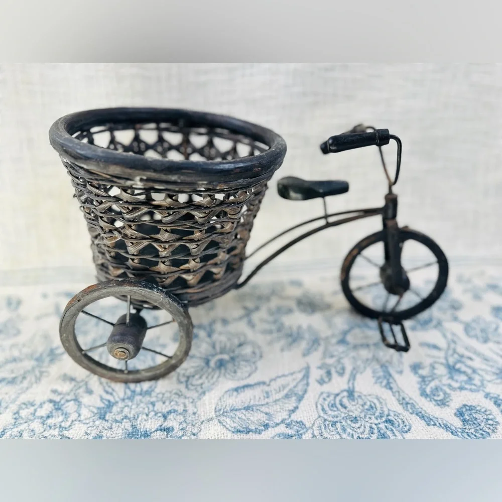 Vintage Metal & Wood Tricycle Bicycle Plant Stand Planter w Wicker Basket